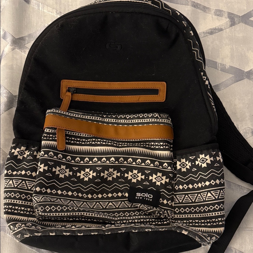 Solo Black Backpack with Brown and White Pattern